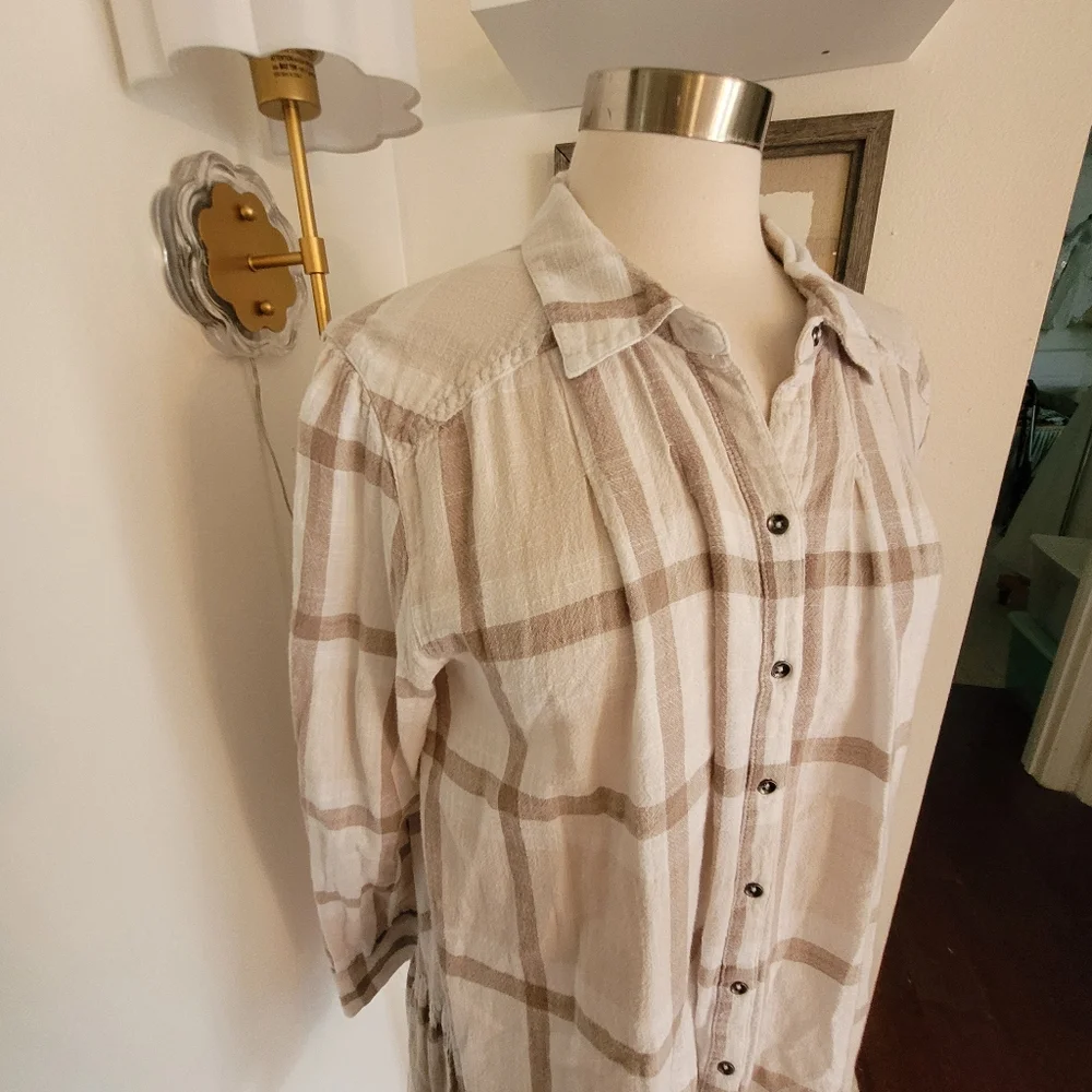 Free People Preppy In Plaid Long Sleeve Button Front Top Ruffle Back Boho 90s L